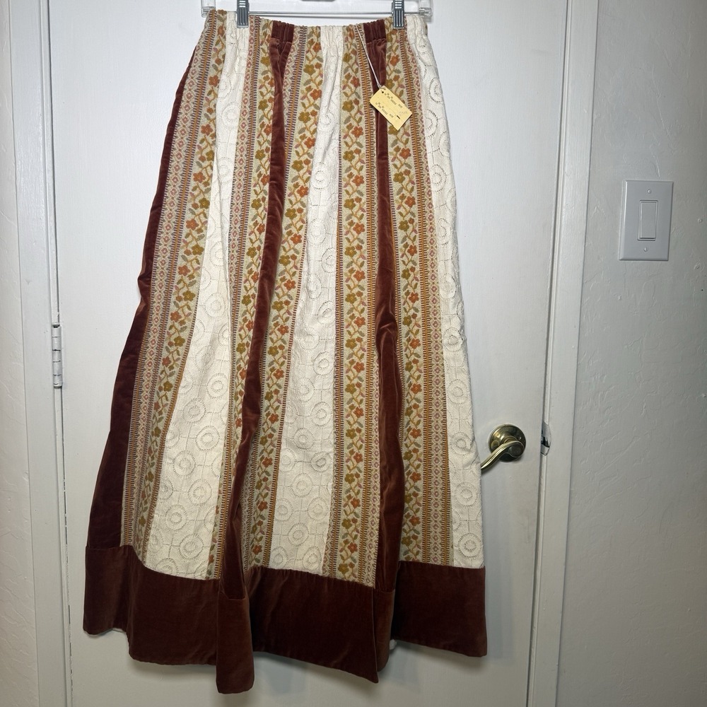 Vintage 1970's Chessa Davis Cotton Maxi Skirt Quilted Velvet Patchwork Lace Boho